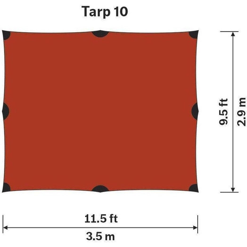 The photo shows a green Hilleberg Tarp XP laid flat with dimensions labeled in feet and meters.