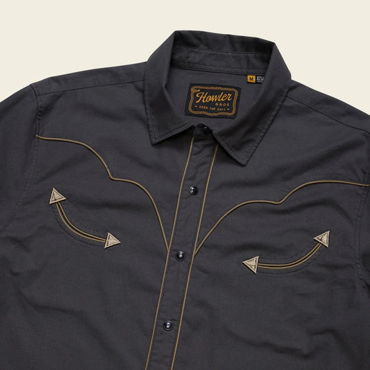 A close-up of the Howler Brothers Broncbuster Longsleeve Snapshirt in MoonlessNight showing the western-style stitching and snap buttons against a plain background.