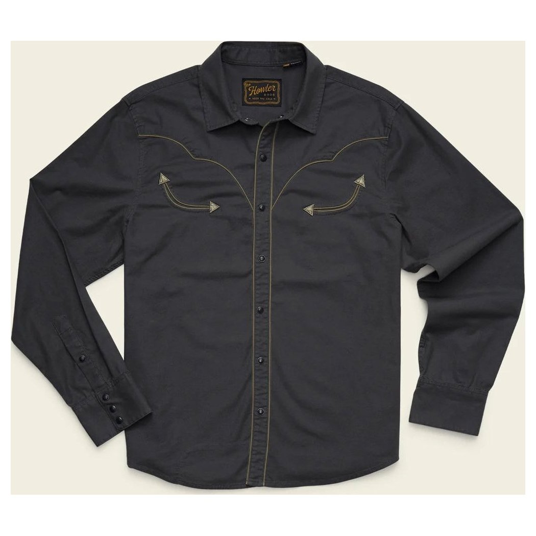 A front view of the Howler Brothers Broncbuster Longsleeve Snapshirt in MoonlessNight with decorative stitching and a branded tag at the collar.