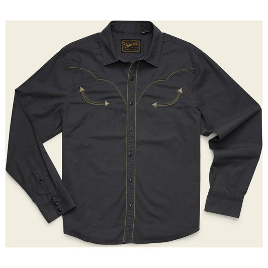A front view of the Howler Brothers Broncbuster Longsleeve Snapshirt in MoonlessNight with decorative stitching and a branded tag at the collar.