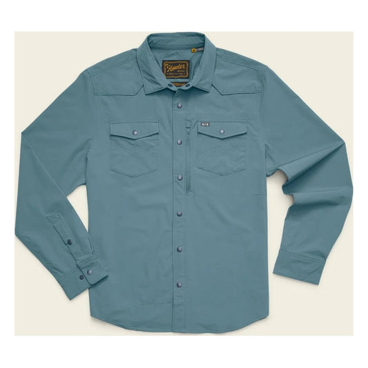 A front view of the Howler Brothers Emerger Tech Longsleeve in Stormy Sea with two chest pockets and a button-down collar against a light background.