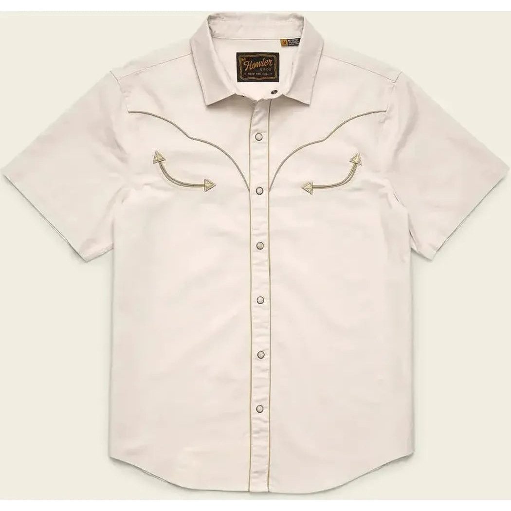 A front view of the Howler Brothers Men's Broncbuster Snapshirt in Sand showing the snap front and chest pockets against a light background.
