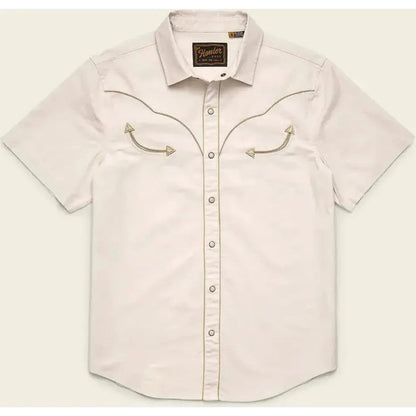 A front view of the Howler Brothers Men's Broncbuster Snapshirt in Sand showing the snap front and chest pockets against a light background.