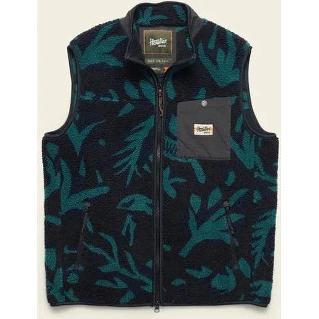A front view of the Howler Brothers Men's Chisos Fleece Vest in Forgotten Forest : Antique Black showing the front pocket and zipper against a white background.