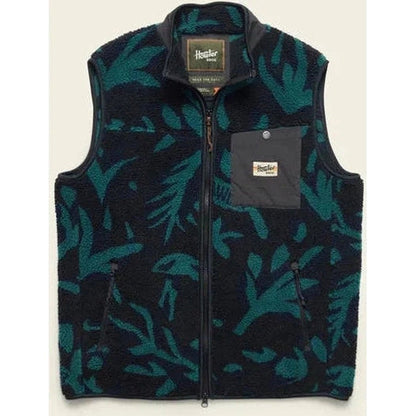 A front view of the Howler Brothers Men's Chisos Fleece Vest in Forgotten Forest : Antique Black showing the front pocket and zipper against a white background.