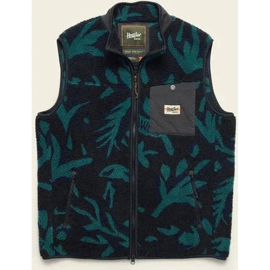 A front view of the Howler Brothers Men's Chisos Fleece Vest in Forgotten Forest : Antique Black showing the front pocket and zipper against a white background.