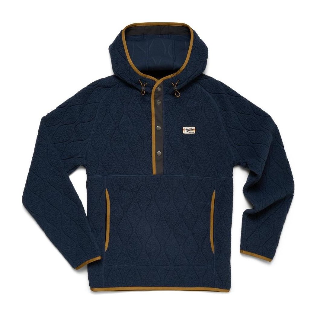A front view of the Howler Brothers Men's Chisos Hooded Pullover in Capillary Waves: Dark Blue showing the hood and chest pocket against a white background.