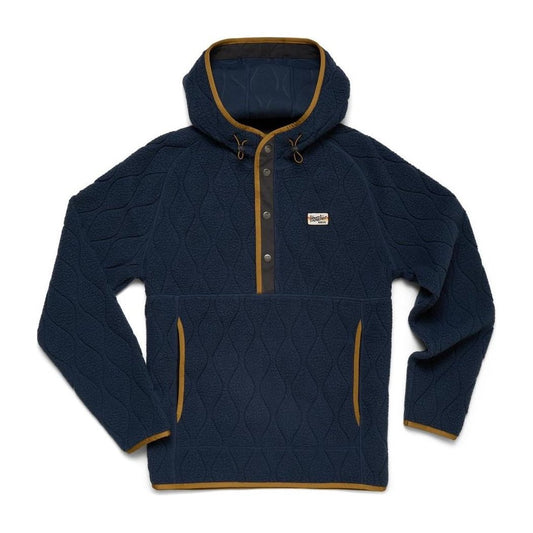 A front view of the Howler Brothers Men's Chisos Hooded Pullover in Capillary Waves: Dark Blue showing the hood and chest pocket against a white background.