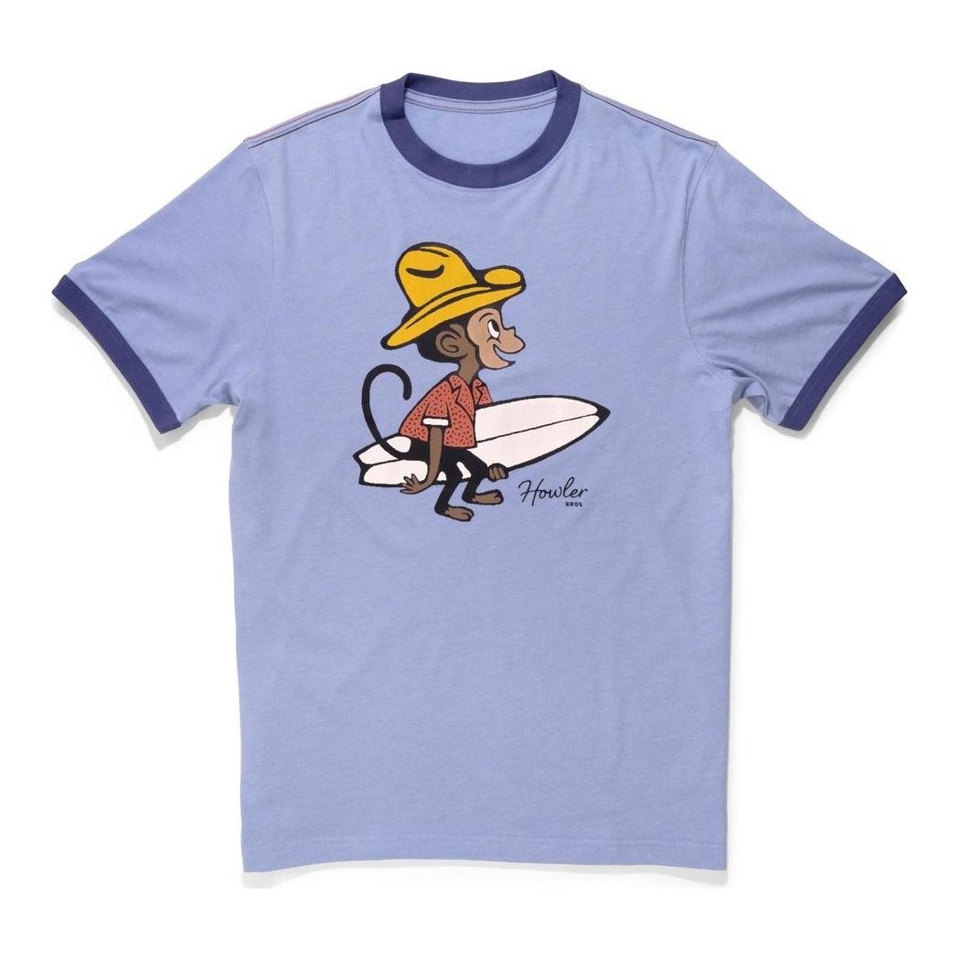 A front view of the Howler Brothers Men's Cotton Ringer T in El Monito Surfs Ringer Light Blue Heather showing a monkey with a surfboard on the front against a white background.