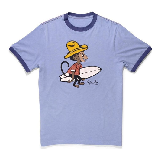 A front view of the Howler Brothers Men's Cotton Ringer T in El Monito Surfs Ringer Light Blue Heather showing a monkey with a surfboard on the front against a white background.