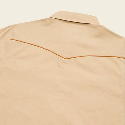 Back view of the Howler Brothers Men's Crosscut Deluxe Longsleeve in El Sol : Gold showing the collar and a brown stitching detail.