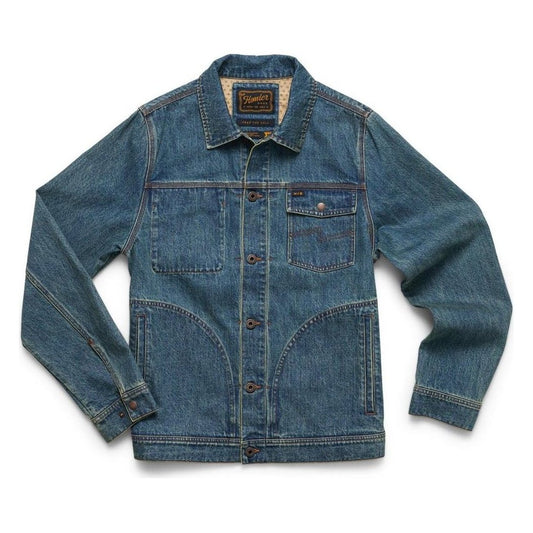A front view of the Howler Brothers Men's Denim Depot Jacket in Petty Mid Wash on a white background.