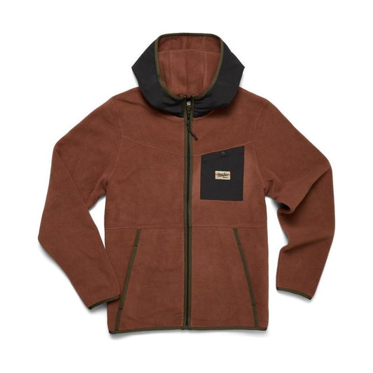 A front view of the Howler Brothers Men's Free Range Hooded Jacket in Mink Brown with a charcoal hood and chest pocket, against a white background.