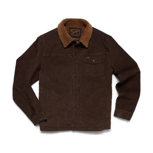 A front view of the Howler Brothers Men's Fuzzy Depot Jacket in Bark with a brown fuzzy collar and a single chest pocket against a white background.