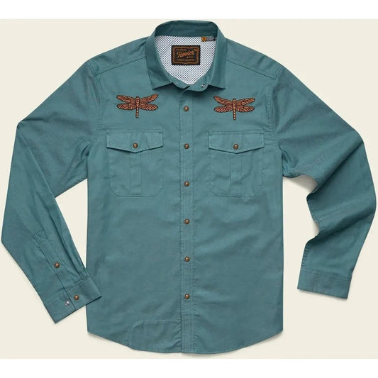 A front view of the Howler Brothers Men's Gaucho Snapshirt in Enter The Dragons color showing dragonfly embroidery on the chest and a checkered inner collar lining.