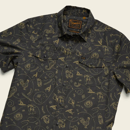 A flat lay of the Howler Brothers Men's H Bar B Snapshirt in Bouquets: Morel, showing the button-down collar and chest pockets against a neutral background.