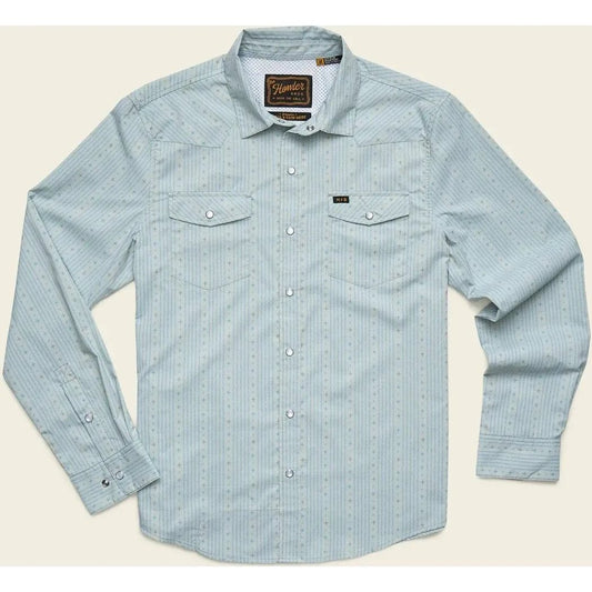 A front view of the Howler Brothers Men's H Bar B Tech Longsleeve in Supernova Stripe : Leche with two chest pockets and a button-down collar against a light background.