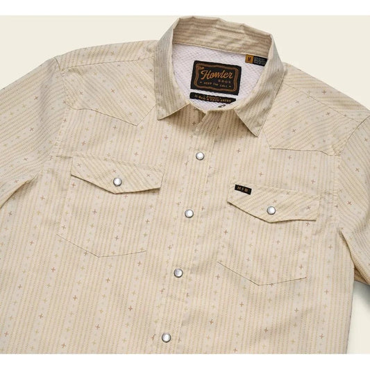 A front view of the Howler Brothers Men's H Bar B Tech Longsleeve in Supernova Stripe : Leche showing the chest pockets and button placket against a light background.