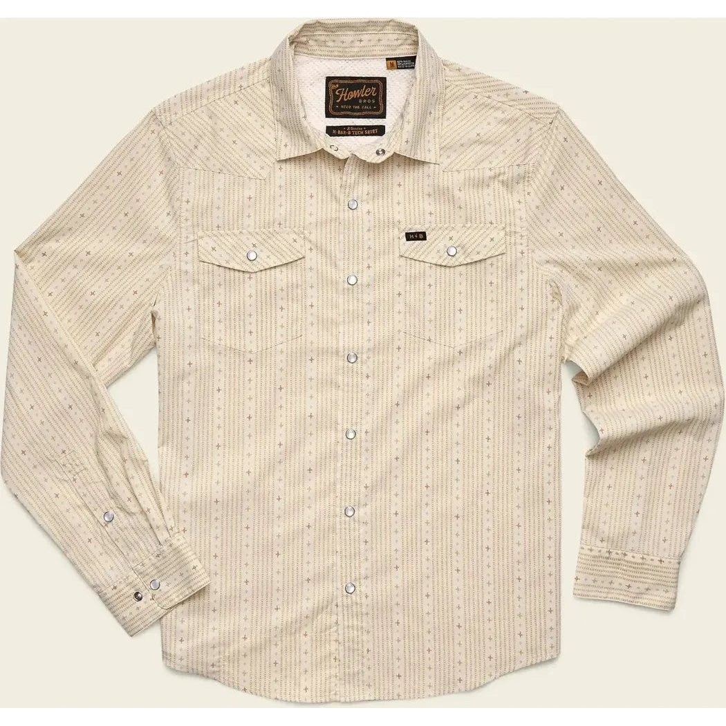 A front view of the Howler Brothers Men's H Bar B Tech Longsleeve in Supernova Stripe : Leche with two chest pockets and a button-down collar against a light background.