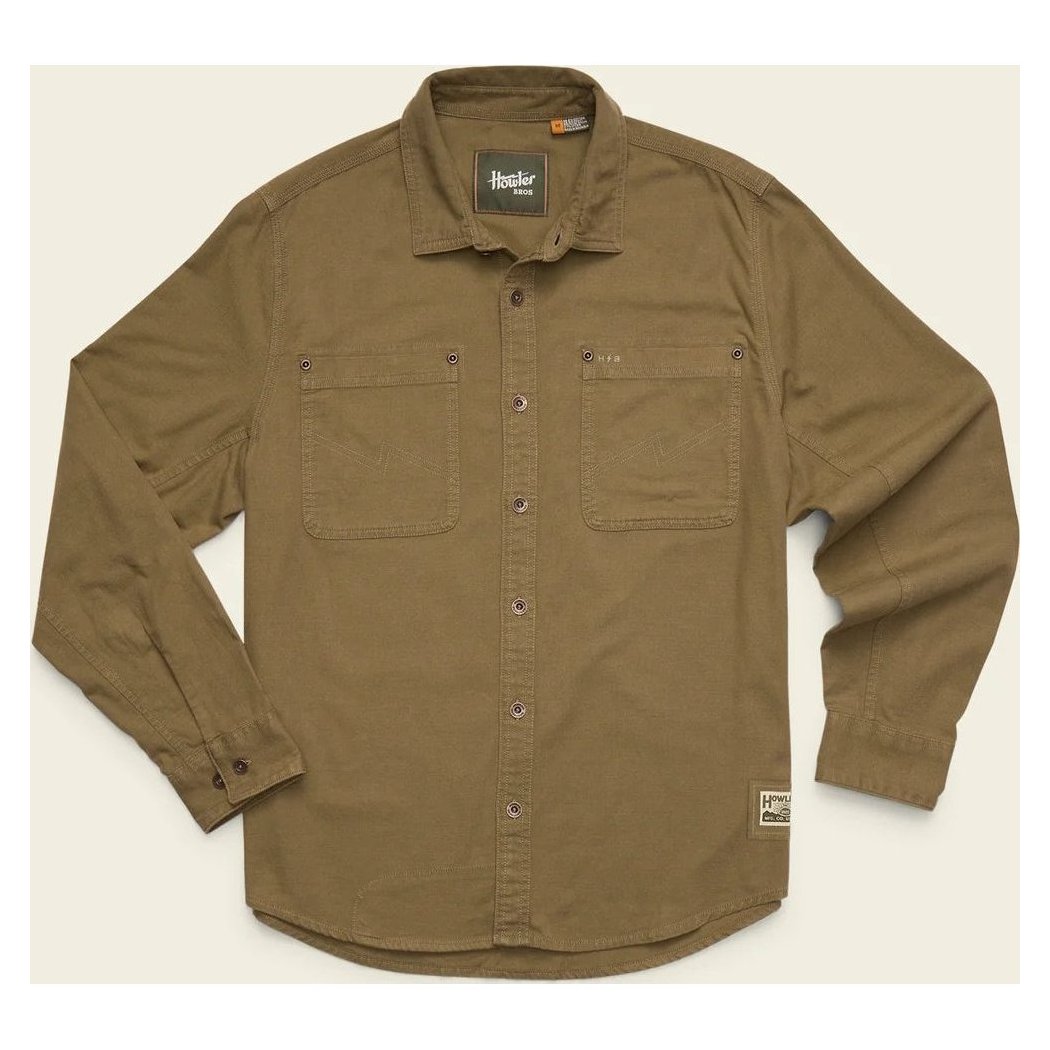 A front view of the Howler Brothers Mens HB Trade Shirt Long Sleeve in Anthracite showing the chest pockets and button front against a white background.