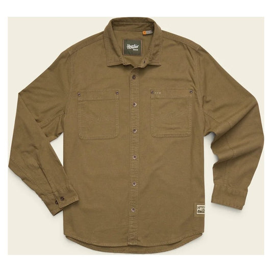 A front view of the Howler Brothers Mens HB Trade Shirt Long Sleeve in Anthracite showing the chest pockets and button front against a white background.