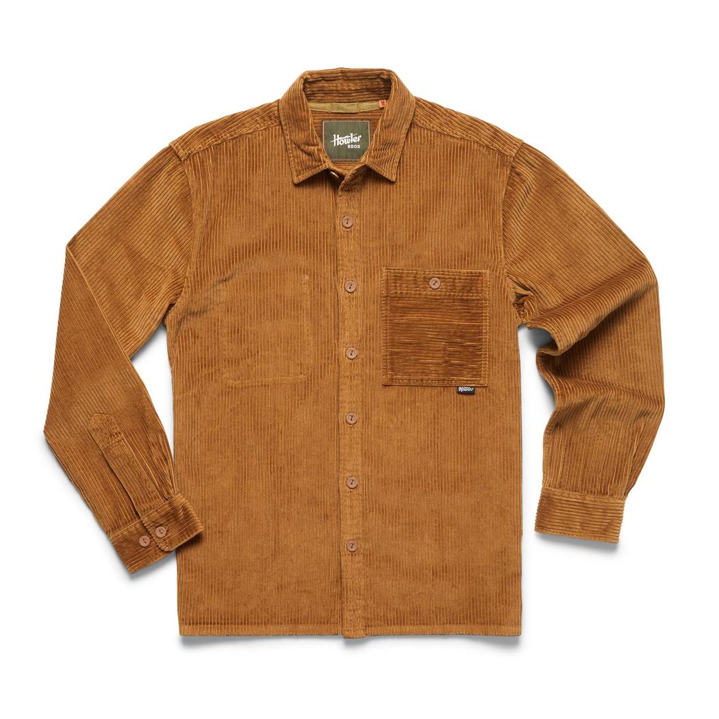 A front view of the Howler Brothers Men's Iquitos Overshirt in Dark Slate showing the chest pocket and button closure against a white background.