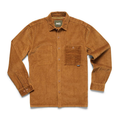 A front view of the Howler Brothers Men's Iquitos Overshirt in Dark Slate showing the chest pocket and button closure against a white background.