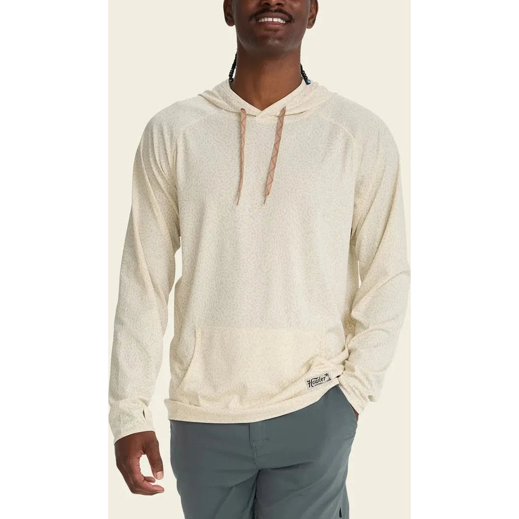 A front view of the Howler Brothers Men's Loggerhead Hoodie in Meridians Plains with a model wearing it against a plain background.
