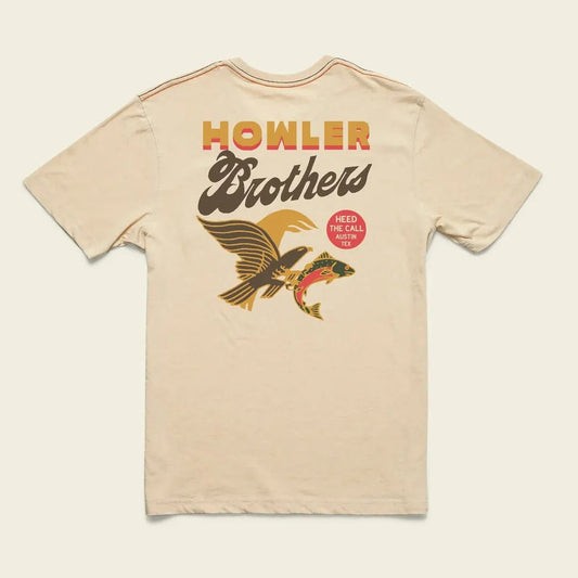 Back view of the Howler Brothers Men's Pocket T - Shirt in Sand Heather showing the graphic design on the back.