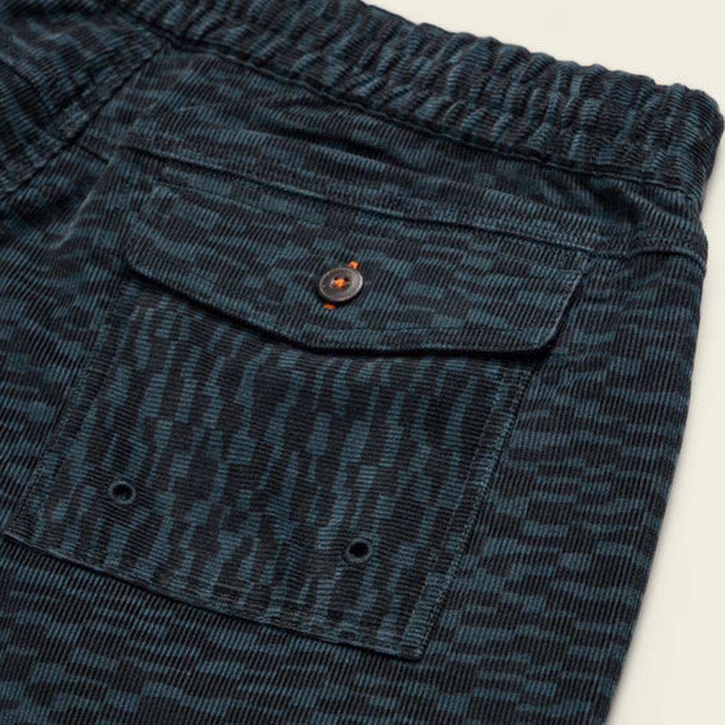 Charcoal/Graphite Howler Brothers Men's Pressure Drop Cord Shorts - Canyon Distortion close up showing the front pocket and elastic waistband.