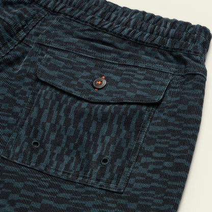 Charcoal/Graphite Howler Brothers Men's Pressure Drop Cord Shorts - Canyon Distortion close up showing the front pocket and elastic waistband.