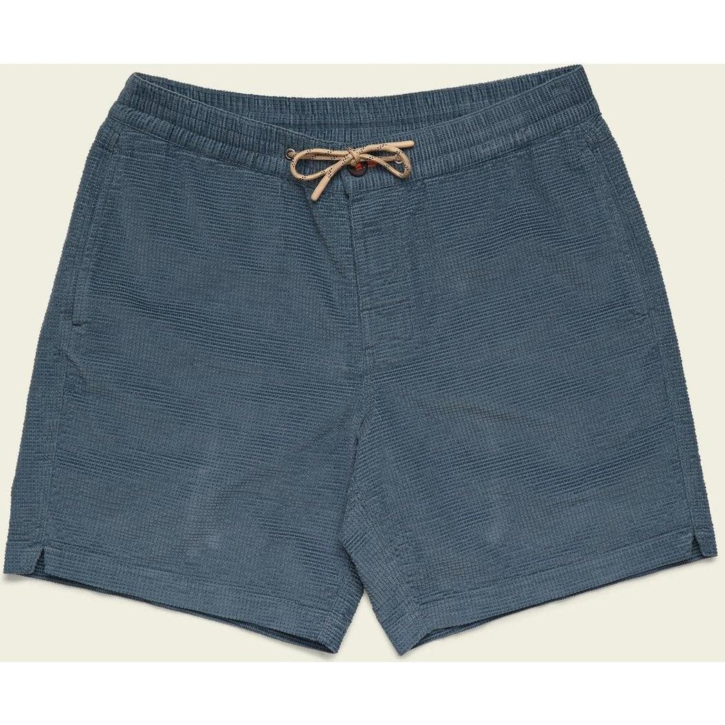 Howler Brothers Men's Pressure Drop Cord Shorts in Grid Blue Mirage with drawstring waist and side pockets, photographed from front against a light background.