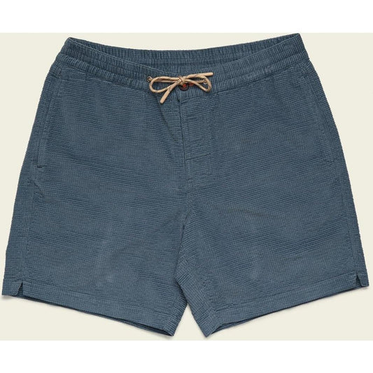 Howler Brothers Men's Pressure Drop Cord Shorts in Grid Blue Mirage with drawstring waist and side pockets, photographed from front against a light background.
