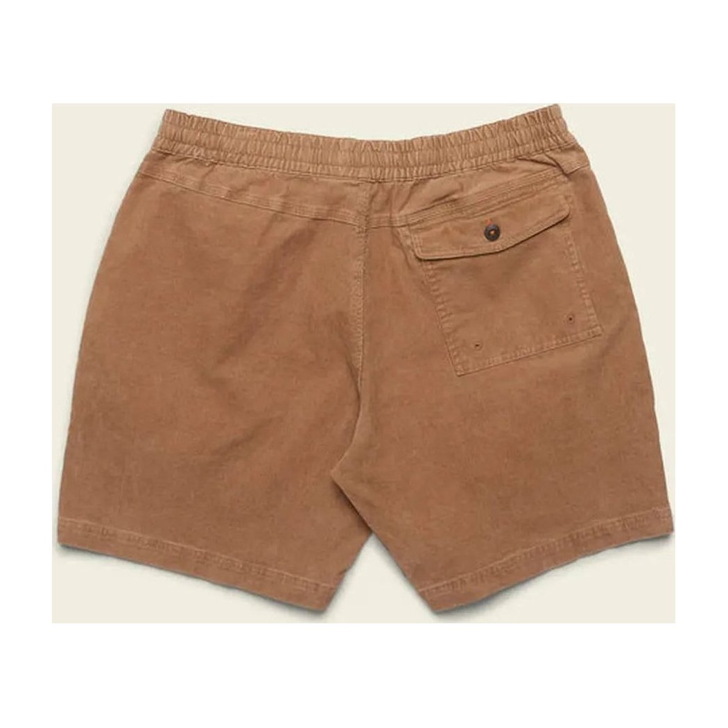 Back view of the Howler Brothers Men's Pressure Drop Cord Shorts in Lichen Green showing the back pocket and elastic waistband against a light background.