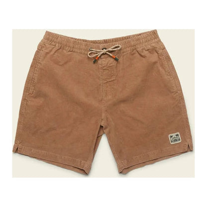 Side view of the Howler Brothers Men's Pressure Drop Cord Shorts in Lichen Green showing the drawstring waist and small logo patch on the right leg against a neutral background.