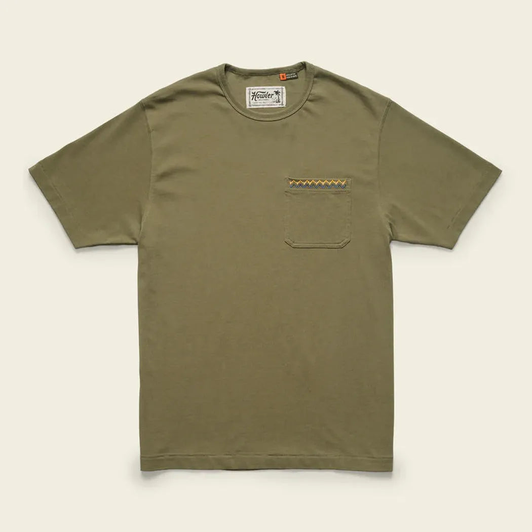 A front view of the Howler Brothers Men's Spectrum Pocket T in Bone White with a chest pocket and zigzag trim, against a plain background.