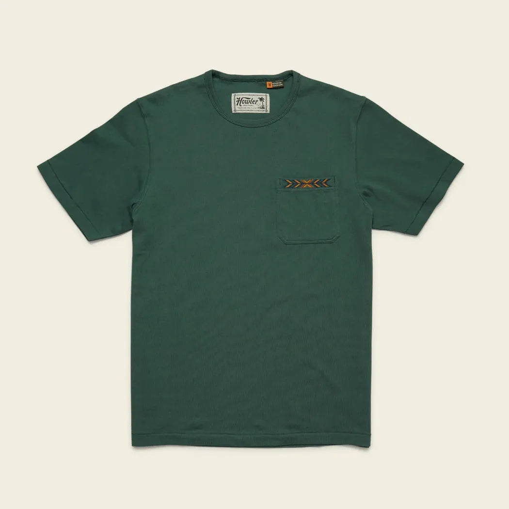 A front view of the Howler Brothers Men's Spectrum Pocket T in Bone White with a chest pocket and a white background.