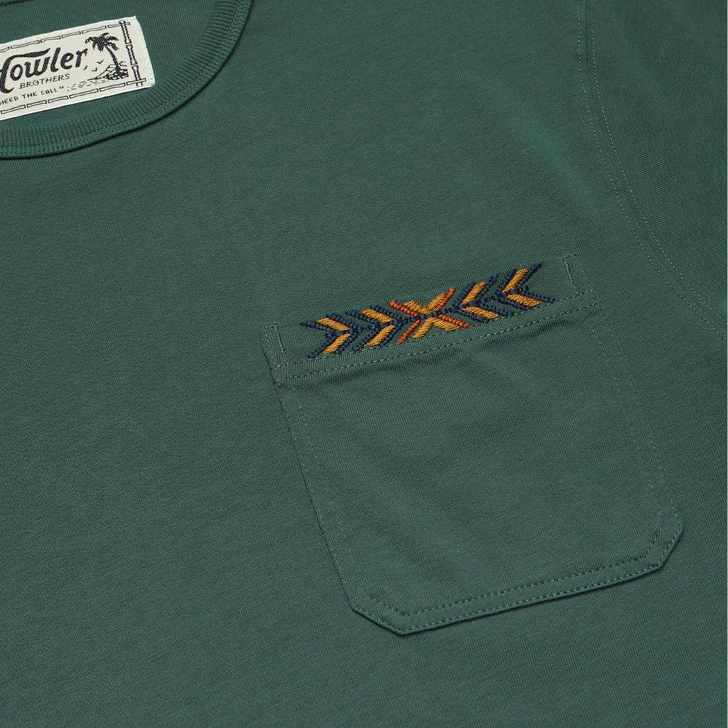 A close - up of the Howler Brothers Men's Spectrum Pocket T in Bone White showing the pocket and embroidered detail on the chest.