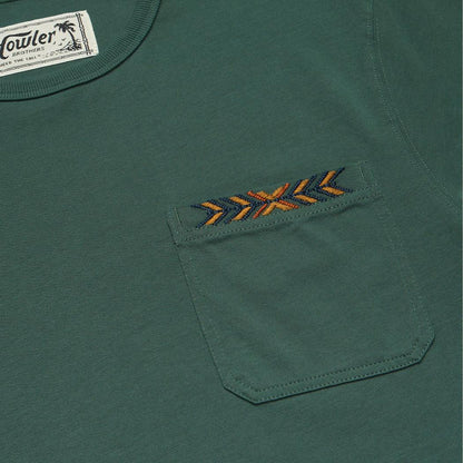 A close - up of the Howler Brothers Men's Spectrum Pocket T in Bone White showing the pocket and embroidered detail on the chest.