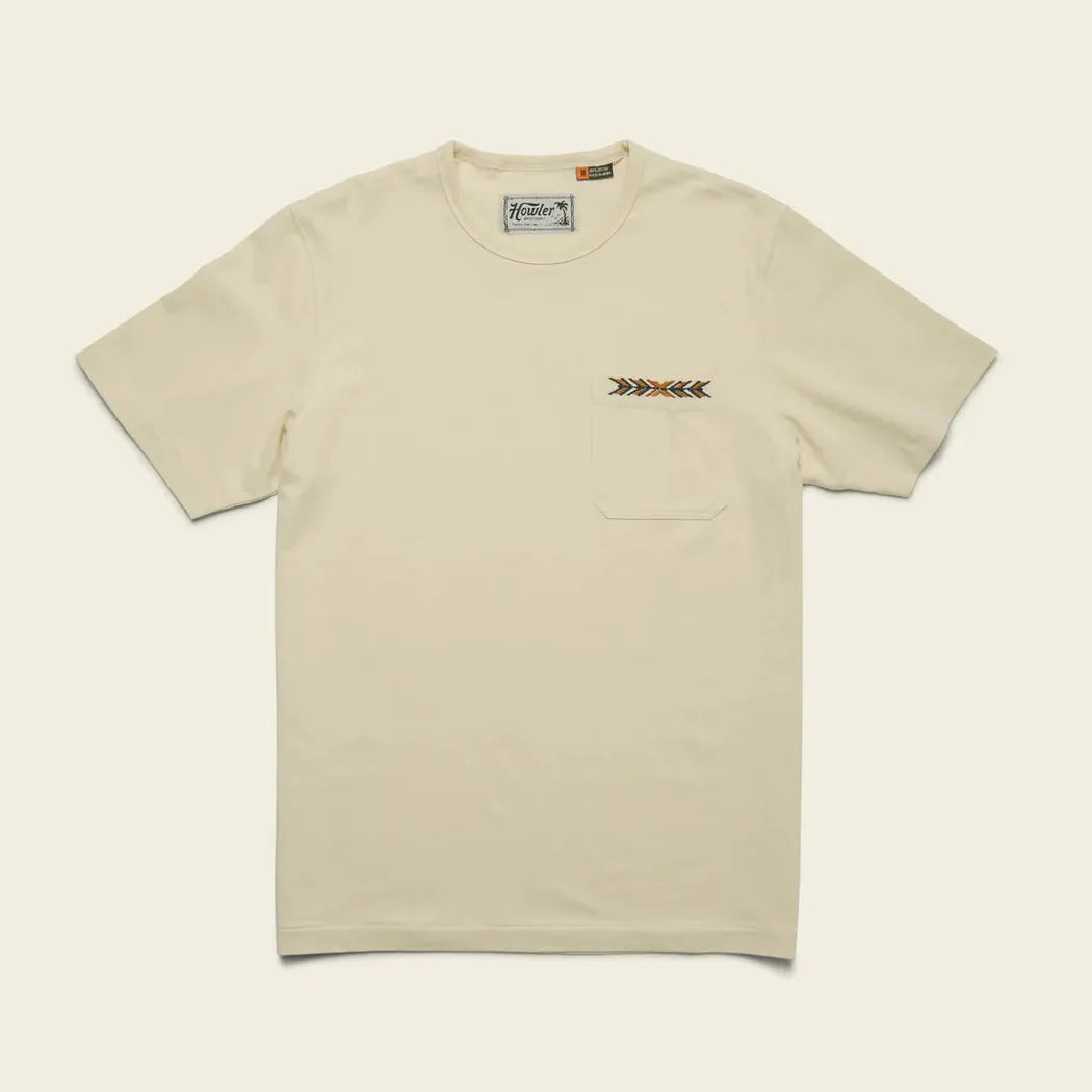 A front view of the Howler Brothers Men's Spectrum Pocket T in Bone White showing the chest pocket and arrow embroidery against a plain background.