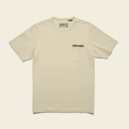 A front view of the Howler Brothers Men's Spectrum Pocket T in Bone White showing the chest pocket and arrow embroidery against a plain background.
