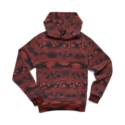 A front view of the Howler Brothers Men's Tajima Pullover in Maguey Mirage: Terracotta with a hood and patterned design against a white background.