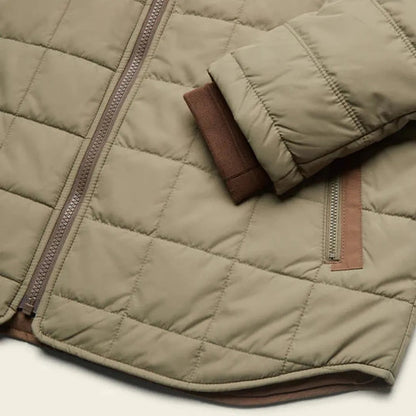 A close-up of the Howler Brothers Merlin Jacket in Mountain Green / Teak showing the front zipper and pocket against a white background.