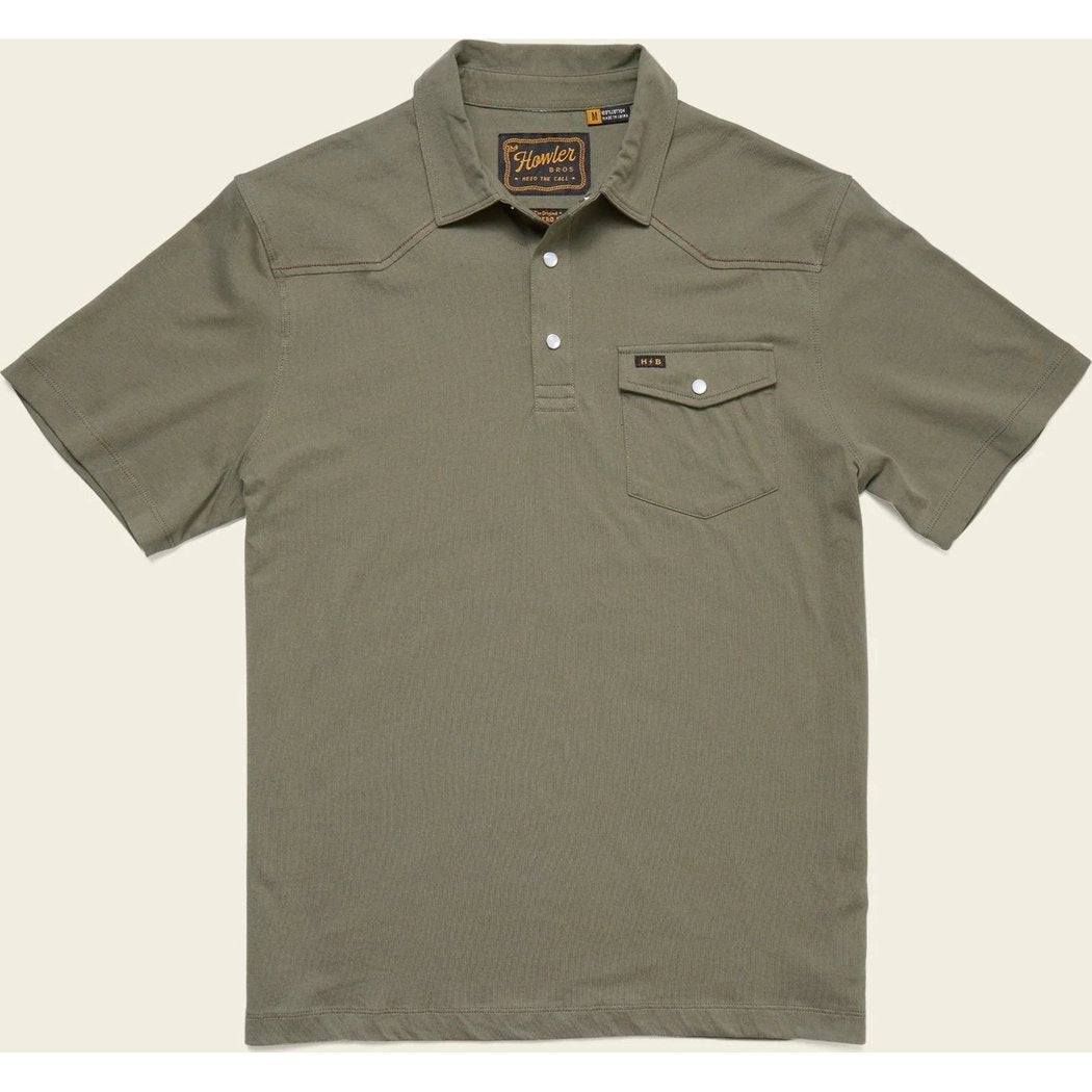 A front view of the Howler Brothers Ranchero Polo in Cadet color showing the chest pocket and button placket against a plain background.