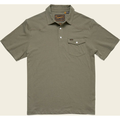 A front view of the Howler Brothers Ranchero Polo in Cadet color showing the chest pocket and button placket against a plain background.