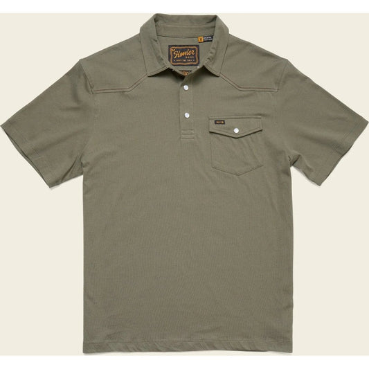 A front view of the Howler Brothers Ranchero Polo in Cadet color showing the chest pocket and button placket against a plain background.