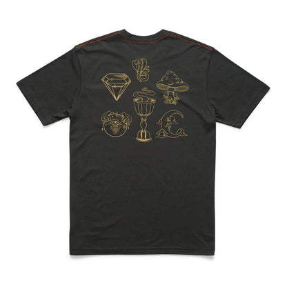 Back view of the Howler Brothers Select T in Antique Black showing the graphic designs on the back against a white background.
