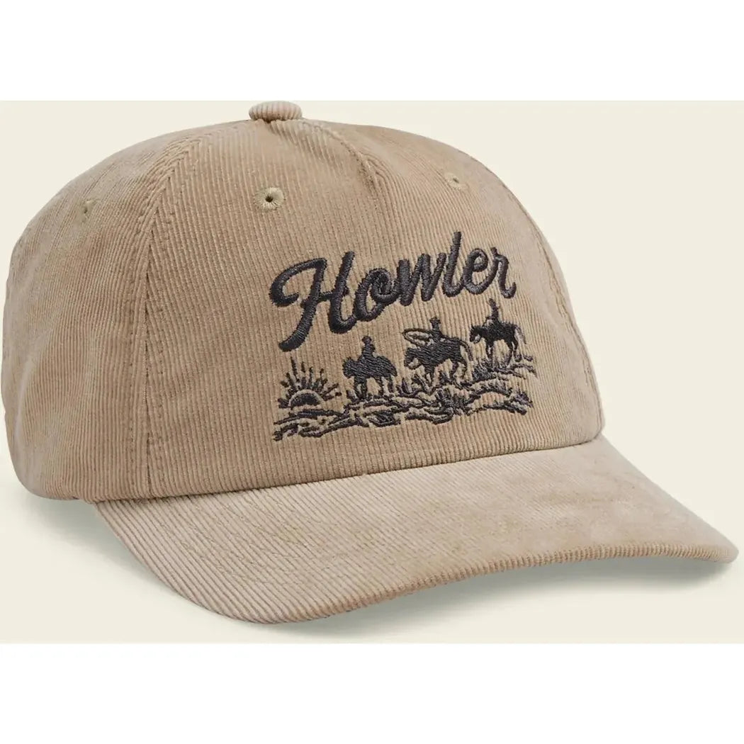 A khaki corduroy Howler Brothers hat with embroidered horses and the word "Howler" on the front.