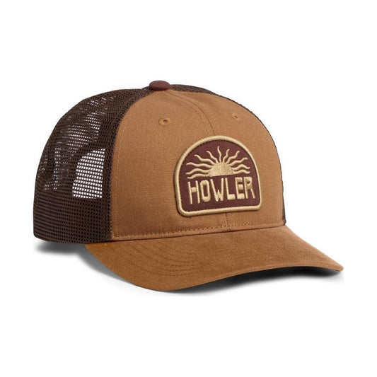 A front view of the Howler Brothers El Sol : Brown trucker hat with mesh back and a brown brim, showing the embroidered patch against a white background.