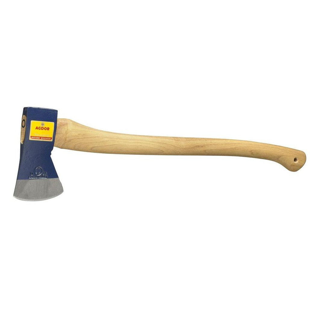 A natural, complete sentence describing the photo: "Side view of the Hults Bruk Agdor Felling Axe 28 Inch Montreal Pattern with a blue head and wooden handle against a white background.
